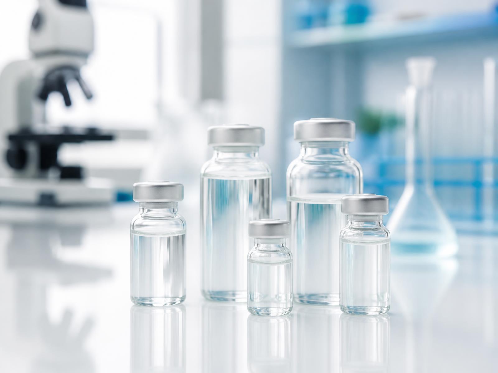 Frascos de vidro com ativos de alta pureza para estudo científico em laboratório iluminado